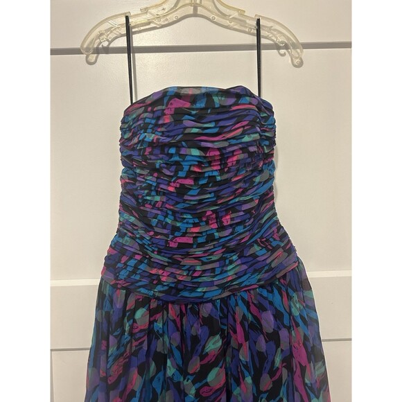 Vintage 80s Pleated Paint Pattern Black Strapless Party Dress Size 10 Chiffon - Picture 2 of 7